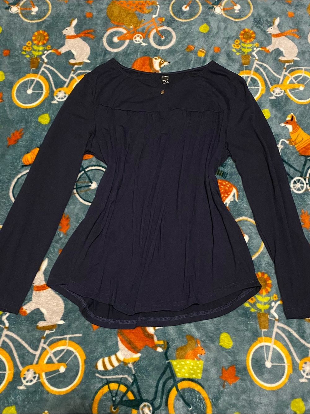 Navy Blue Babydoll Long Sleeve Blouse Pleated Front Flowy Hem Ranlege Womens XL
